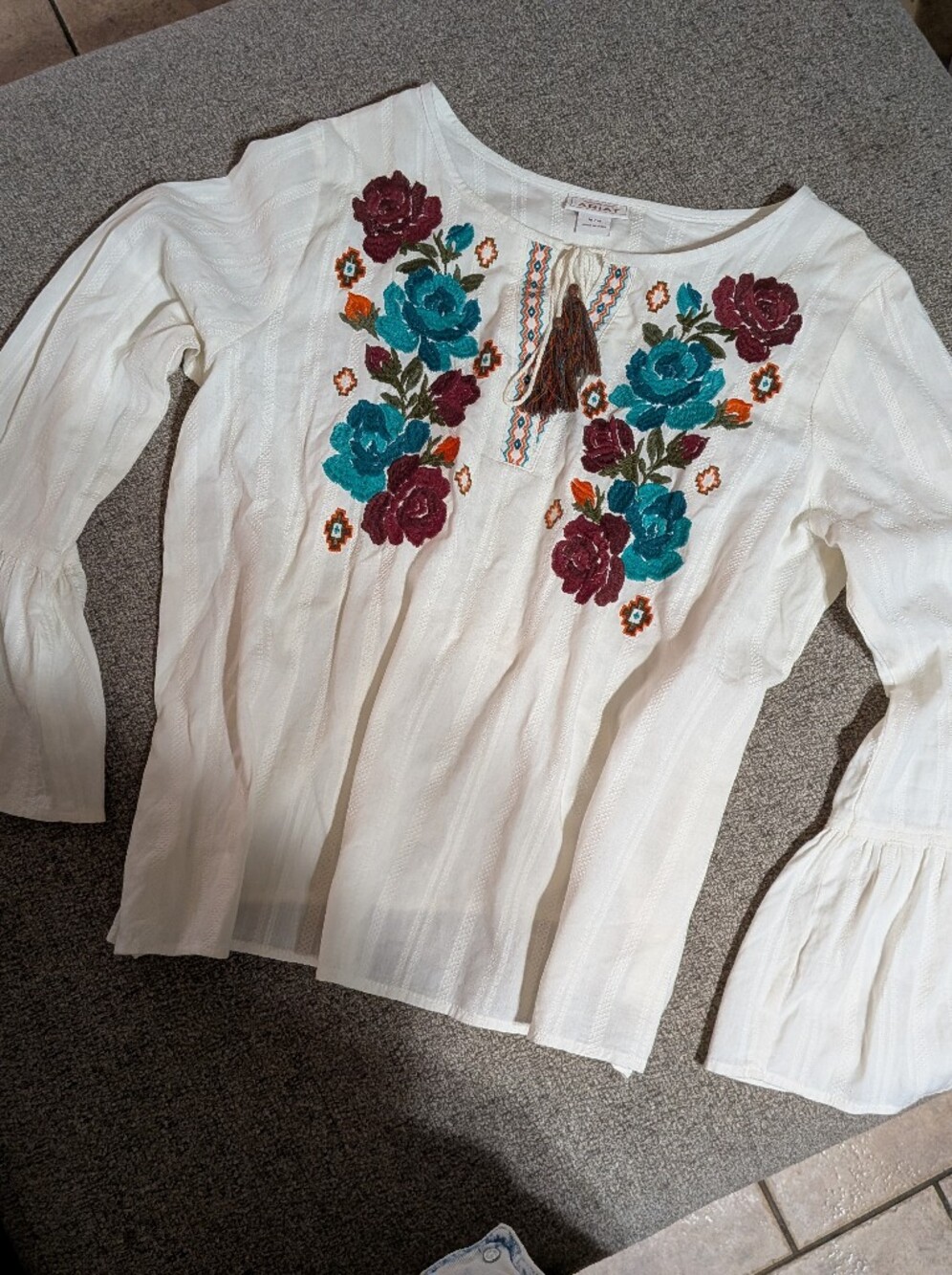 Ariat White Top with Teal & Orange Embroidery and Tassels